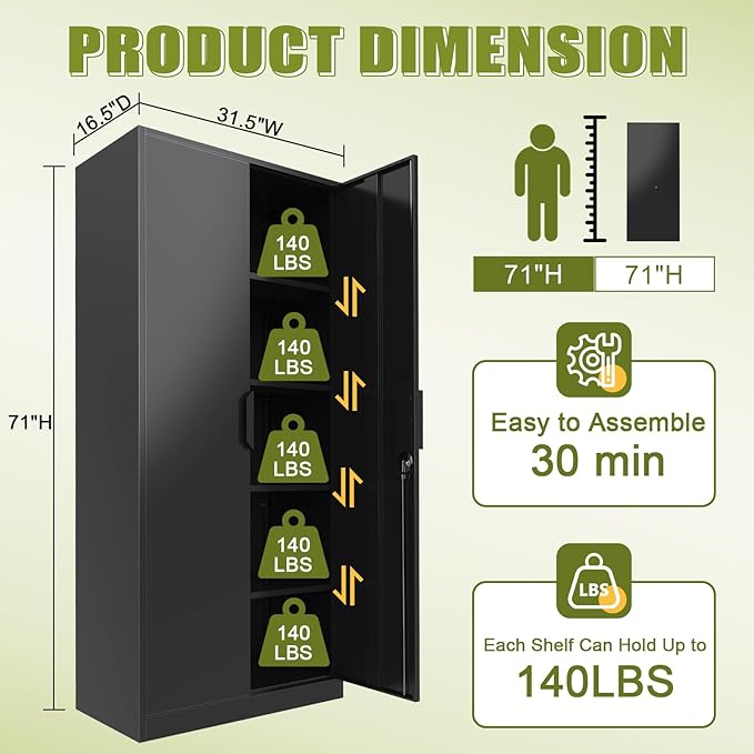 71" H Metal Garage Storage Cabinets, Locking Cabinet with Doors and Shelves, Kitchen Pantry Cabinet, Metal Storage Cabinet for Home/Office/Warehouse, Black
