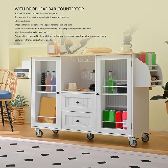 White Kitchen Cart with Storage, Drop Leaf Kitchen Island on Wheels, Mobile Rolling Cart with Drawers & Shelves for Small Spaces, Farmhouse Kitchen Cart with Butcher Block Top