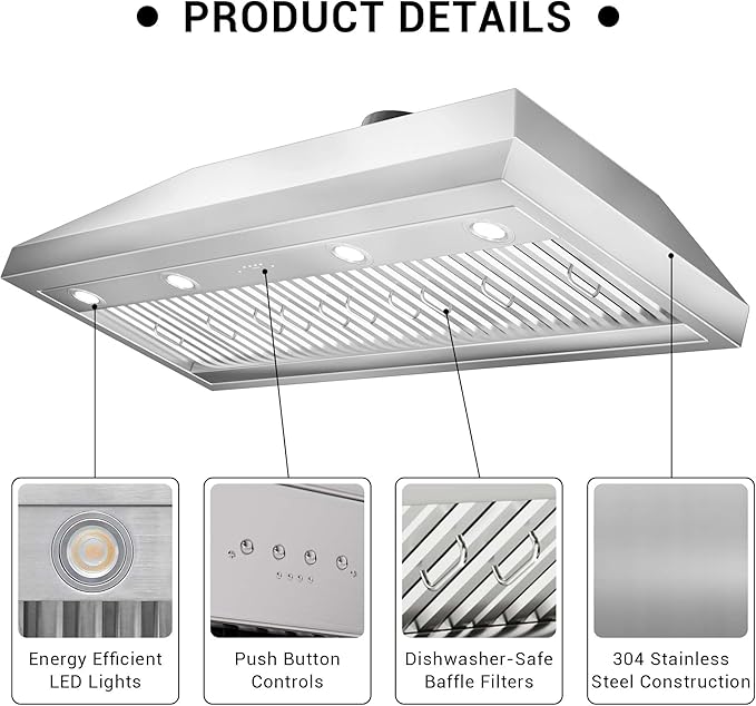 48-inch Range Hood Insert with Inline Remote Blower, CT Copper Tailor 1260CFM Kitchen Vent Hood, 4-Speed Exhaust Fan, 4 LED Lights, 8" Round Ducted,Baffle Filters, in Stainless Steel