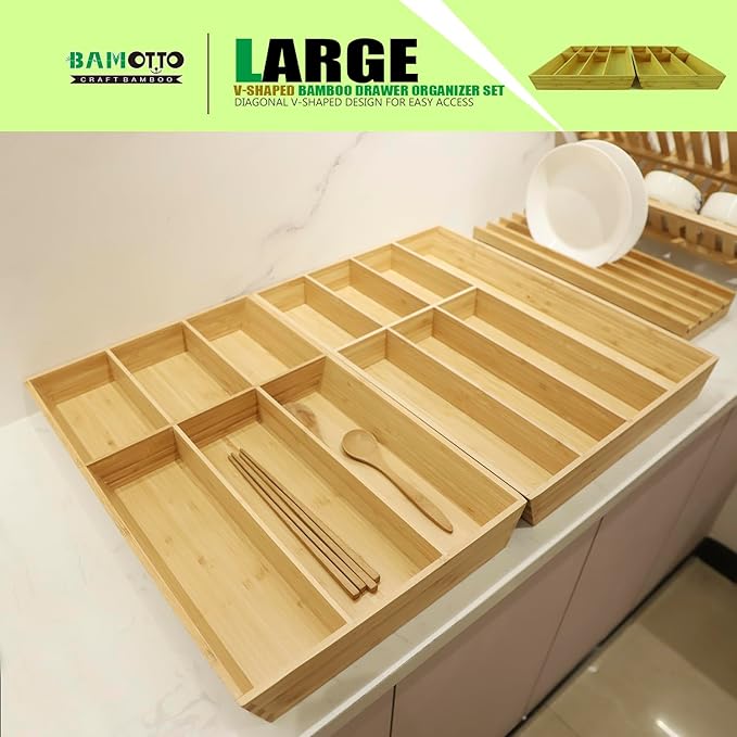 13 Slot V-Shaped Bamboo Drawer Organizer Set of 2, Extra Large Cutlery Tray - Easy Reach Flatware Silverware Utensil Storage for Kitchen (19.6"x14.6" & 19.6"x12.4")