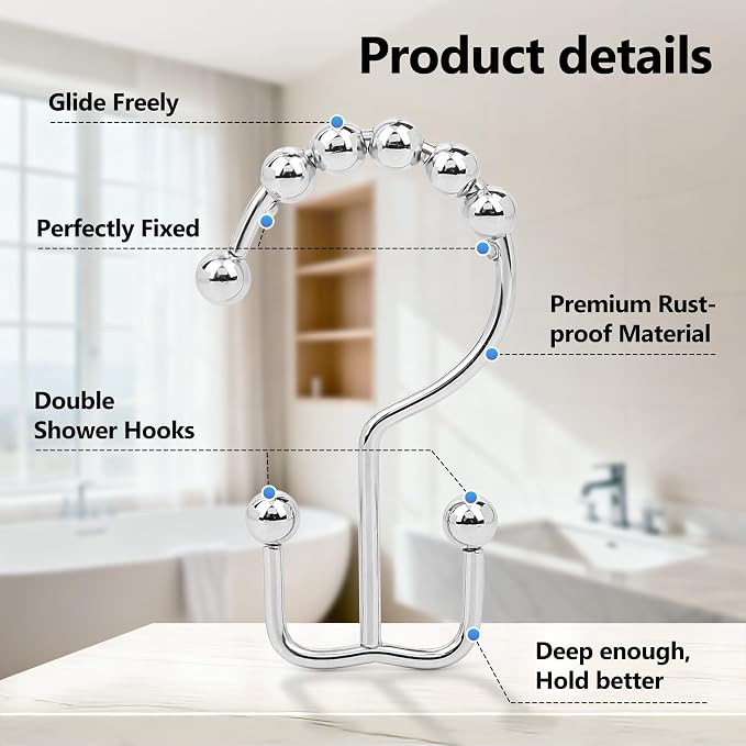 Resze 12PCS Shower Curtain Hooks, Metal Double Shower Curtain Rings - Image 3