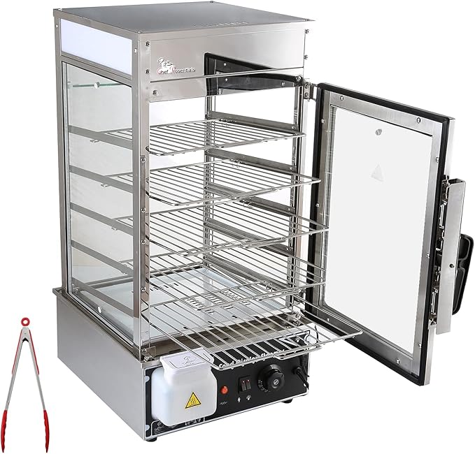 5-Tier Electric Bun Steamer, Commercial Stainless Steel Food Warmer Display with Automatic Temperature Control, for Buns, Baozi, Siomai, Corn, Buffet, Kiosk, Restaurant