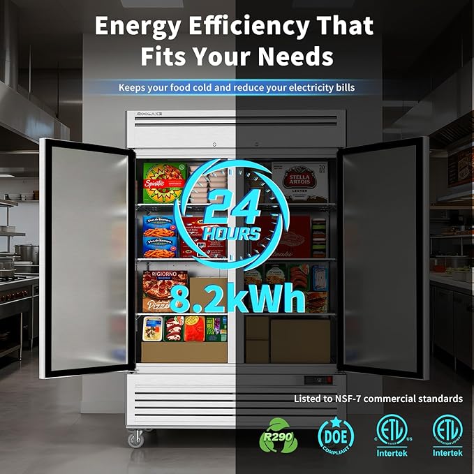 Coolake 54" W Commercial Freezer, 49 Cu Ft Solid Door Upright Freezer with 8 Adjustable Shelves, -13°F ~ -5°F, Frost-free Stainless Steel Industrial Reach-in Freezer for School Restaurant Prep Kitchen