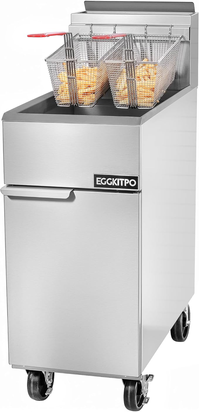 EGGKITPO Commercial Natural Gas Fryer 120,000 BTU 4 Burners Floor Standing Fryer CSA Certified Stainless Steel Deep Fryer with 2 Baskets 50 lb Capacity for Restaurant and Business