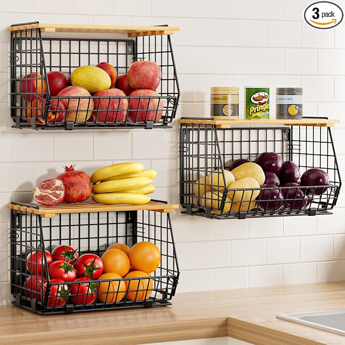 Hanging Fruit Basket for Kitchen, 3 Pack Vegetable Produce Basket by GGIU