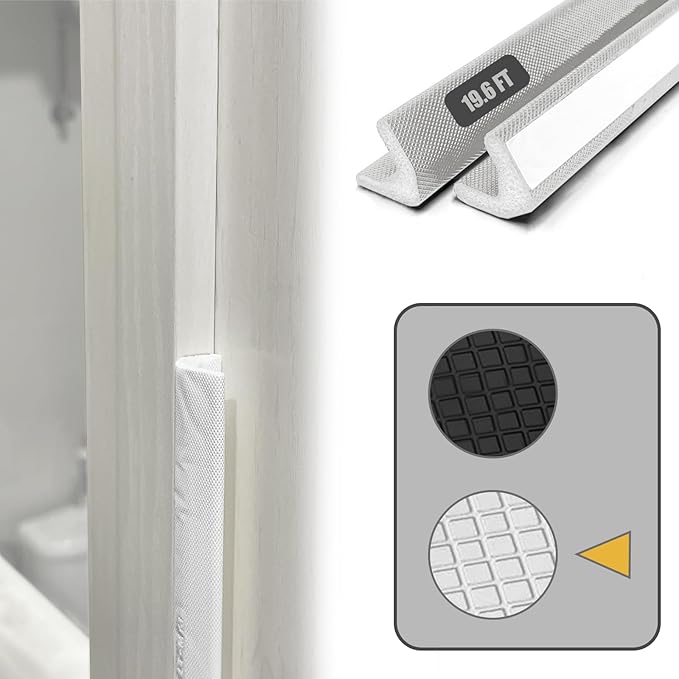 19.6 FT Door Frame Adhesive Weather Stripping Seal Strip PU Foam, PE Cover, Groove Slot Installation for Large Gap, Sound Heat Insulation, Dust Water Moisture Prevention (19.6ft, White，Adhesive)