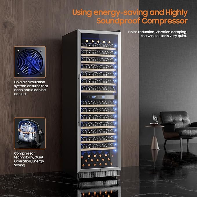 Wine Fridge 24 Inch-177 Bottle Wine Cooler Dual Zone Freestanding/Built-In with Upgraded Compressor, Low-Noise Wine Cellar & Intelligent Temperature Control