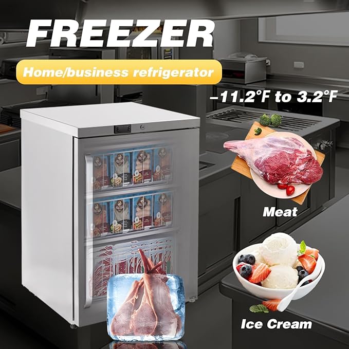 HCK Freezer, Undercounter Refrigerator with Stainless Steel Body, Electronic Temperature Control, Lockable Door, 3 Movable Baskets, Built Design for Home and Commercial Use,-11.2°F to 3.2℉, 4.1 Cu.ft.