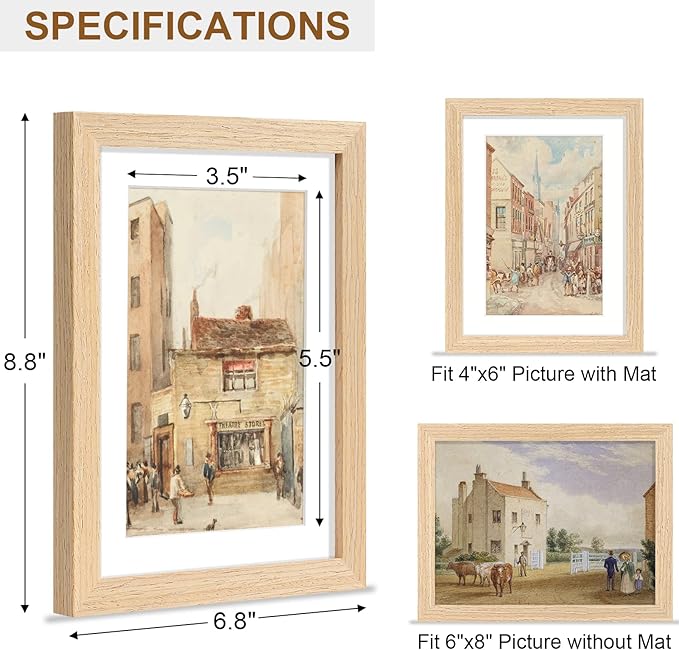 Vittanly 6x8 Picture Frame, Solid Wood Frame with Plexiglass, Includes 4x6 Mat, Wall Hanging or Tabletop for Photos, Home Decor, Natural, 1 Pack