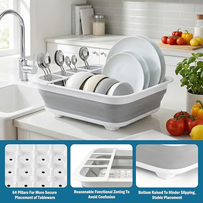 1 Pack Space-Saving Collapsible Dish Rack – Durable, Multi-Compartment Design for Kitchen, RV, Camping, and More – Dishwasher & Easy to Store
