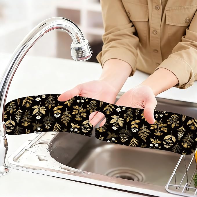 2 Pcs Kitchen Sink Splash Guard Faucet Mat Vintage Gold Leaves Faucet Mat - Image 6