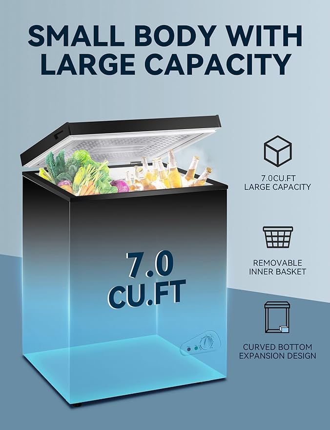7.0 Cu Ft Chest Freezer - Energy Saving Quiet Top Open Door Mini Freezer Adjustable 6 Thermostat - Compact Small Deep Freezer w/Removable Basket and Defrost Water Drain for Home/Apartment/Garage