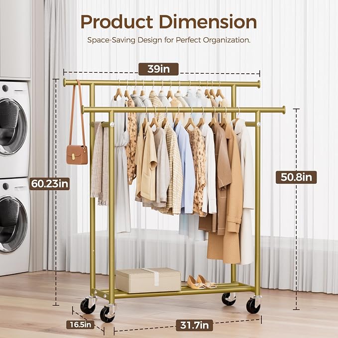HYSEYY Clothes Rack, Double Rods Rolling Clothing Rack - Image 3