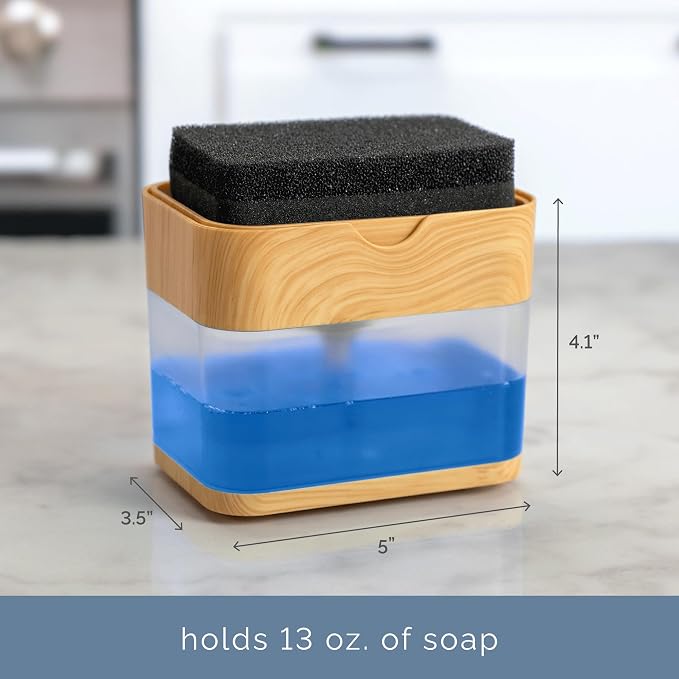 S&T INC. Dish Soap Dispenser and Sponge Holder, Plastic Bamboo | Patented Design - Image 4
