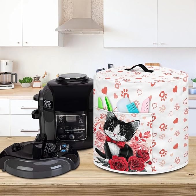 Cat Rose Heart Love Print Dust Cover for 3 Quart Instant Pot, Dust Proof Pressure Cooker Cover Valentine's Day Decoration Electric Appliance Cover Air Fryer Accessories with Pocket and Handle