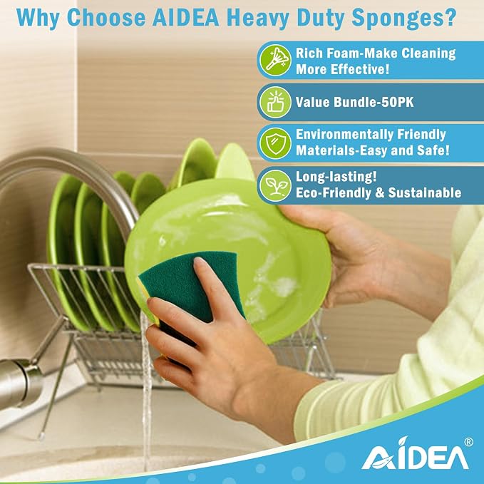 AIDEA Sponges Kitchen, 50-PK Heavy Duty Dish Sponge Kitchen, Scrub Sponges | - Image 4