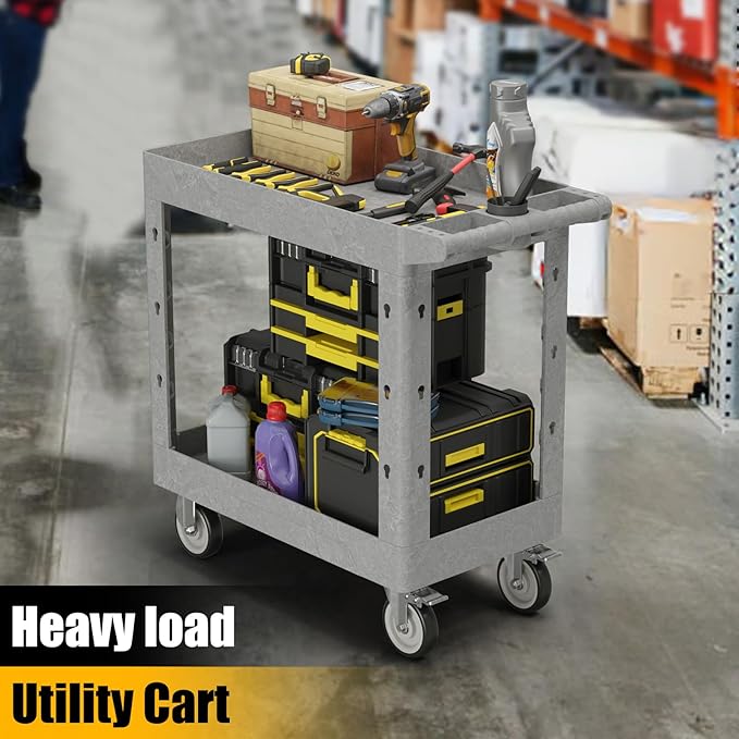 2-Shelf Heavy Duty Utility Cart with Wheels, 34 x 17-Inch Plastic Rolling Tool Cart, 550 lbs Capacity Mechanic Work Cart for Garage,Warehouse,Workshop