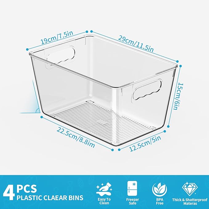 Clear Plastic Storage Bins, 4-Pack Stackable Pantry Organizers and Storage Containers for Kitchen, Fridge, Cabinet and Closet Organization - Home Essentials