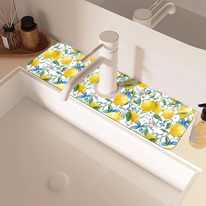 Yellow Lemons and Blue Tiles Sink Faucet Absorbing Mat Splash Guard Behind - Image 2