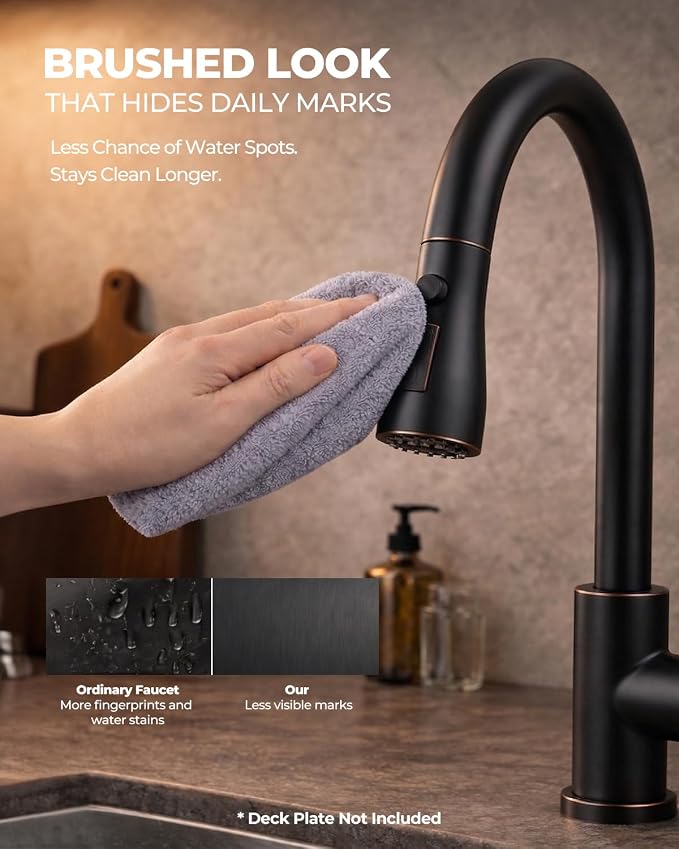 WEWE Pull-Down Kitchen Faucet, 3-Mode Sprayer, Oil Rubbed Bronze, High Arc | - Image 2