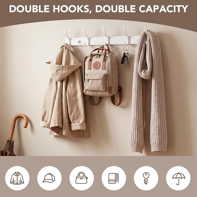 Wall Mount Coat Rack 2 Pack, Smooth Hook Edges, Screw Installation, Double - Image 4
