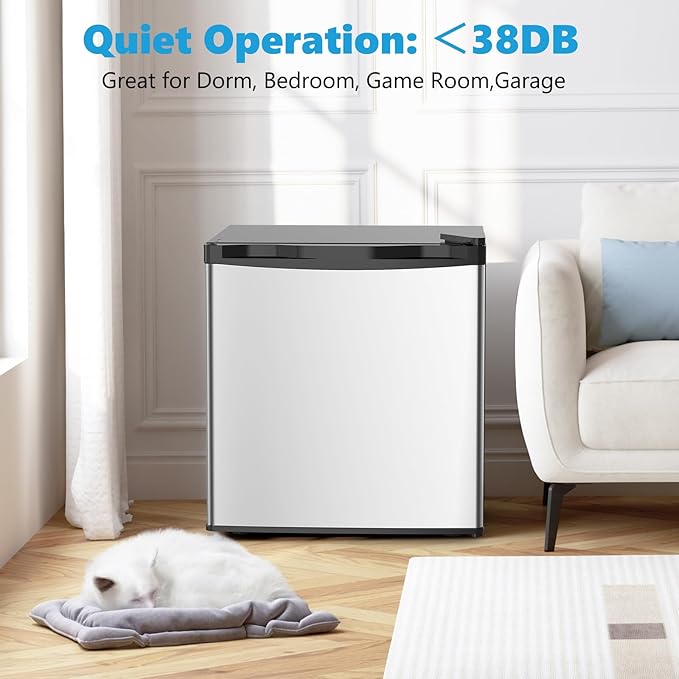 1.7 Cu.ft Mini Fridge with Freezer, Compact Refrigerator, Single Reversible Door, Ultra Quiet, Energy Efficient for Office, Dorm, Bedroom, Apartment, Silver