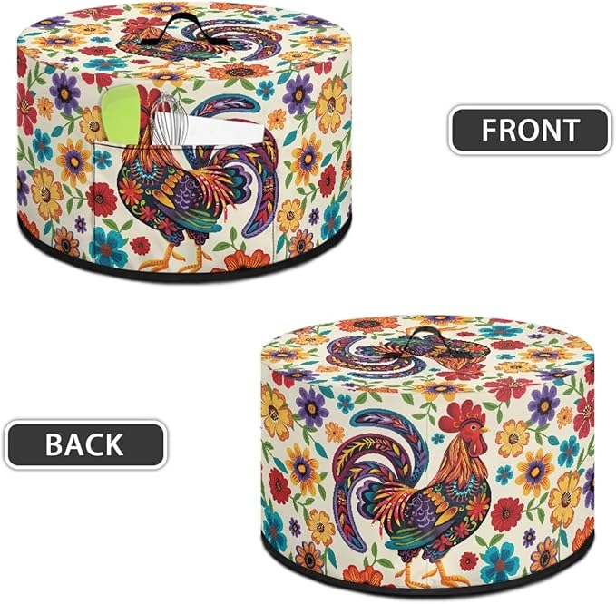 Rooster Colorful Floral Print Oval Slow Cooker Cover with Side Pocket for Small Kitchen Appliance Rice Cooker Cover Keep Kitchen Clean and Easy to Use, 16 x 14 x 9.6 inch