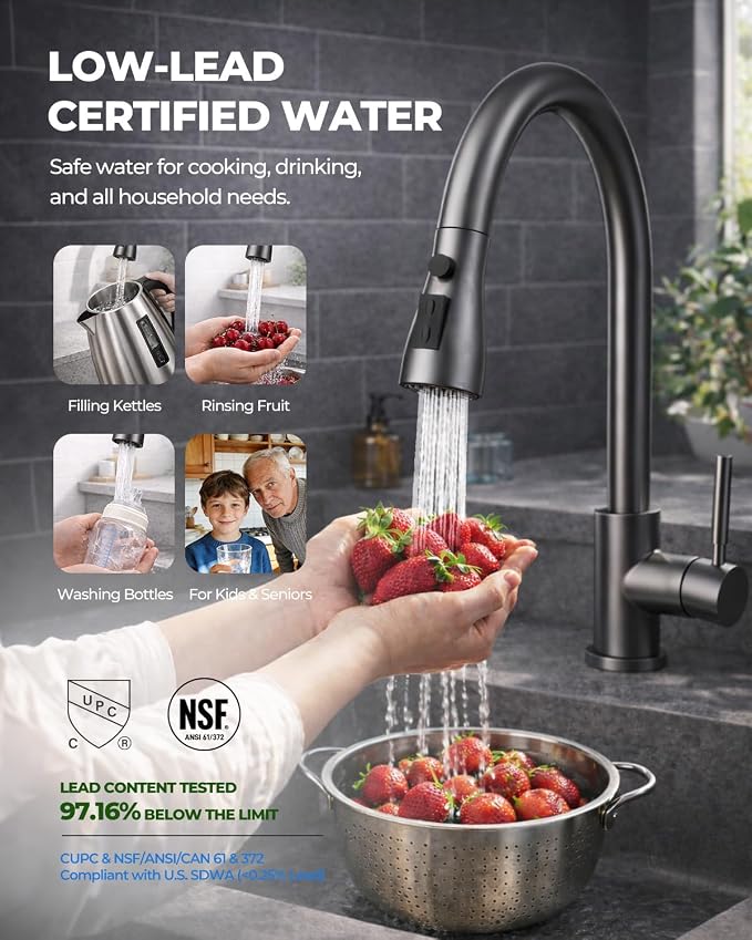 WEWE Pull-Down Kitchen Faucet, 3-Mode Sprayer, Matte Gray, Stainless Steel | - Image 4