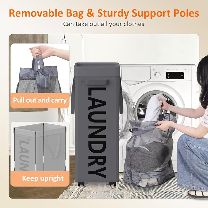 Optish 90L Laundry Basket with Wheels, Rolling Hamper with Removable Bag - Image 5