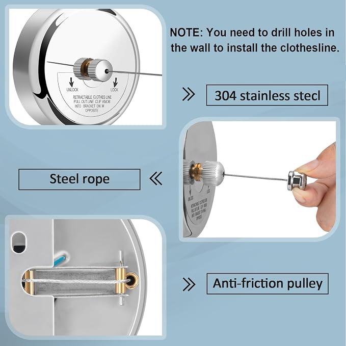 Clatoon Retractable Clothesline 9.0 Feets Adjustable, 304 Stainless Steel - Image 2