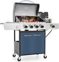 MFSTUDIO 4 Burner BBQ Gas Grill with Side Burner, Propane Grills with Porcelain-Enameled Cast Iron Grates, Durable Stainless Steel frame for Outdoor and Patio Backyard Barbecue Cooking, Blue