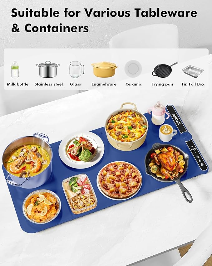 Warming Mat for Food, Fast Heating Electric Food Warmer with 9 Level Temperature and 6 Hours Timer, Extra Large Roll Up Silicone Food Warming Mat, Portable Warming Trays for Buffets Party (Blue)