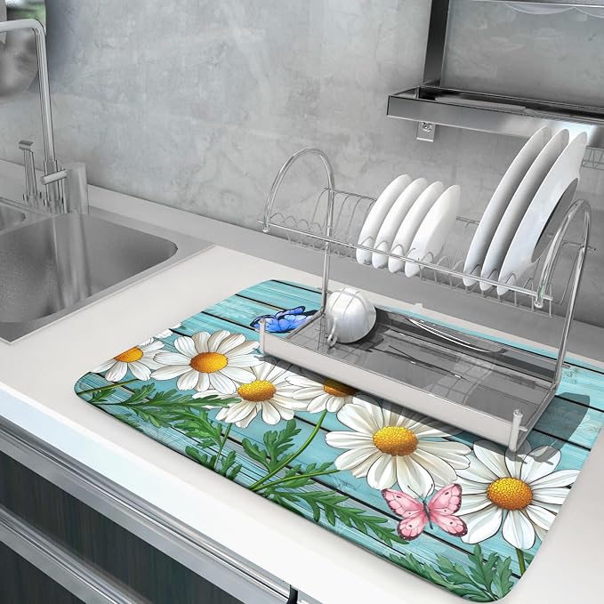Daisy Dish Drying Mat for Kitchen Counter 18”x24” Rustic Daisy Absorbent Dish - Image 5
