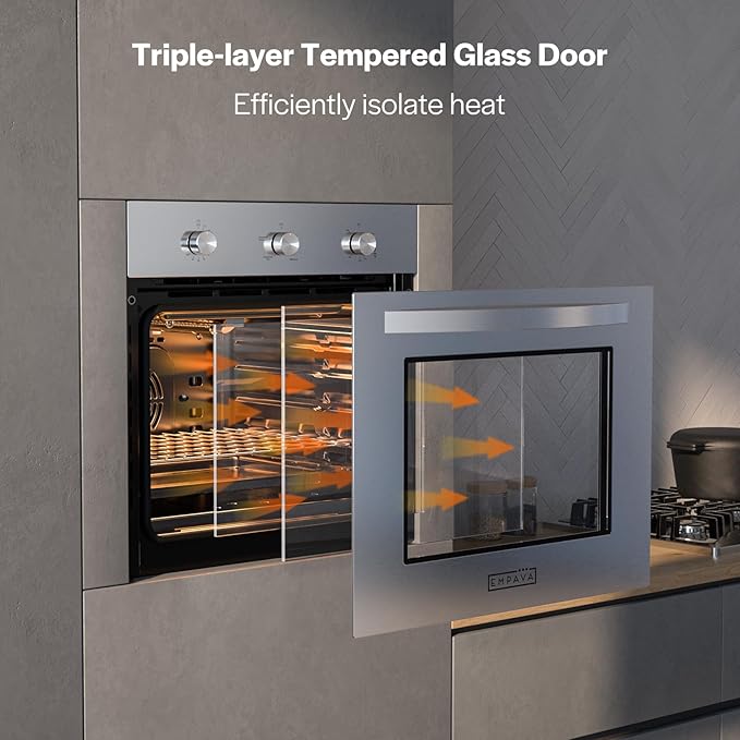 Empava 24 Inch Natural Gas Single Wall Oven with 5 Cooking Modes, Convection Fan and Rotisserie, Knob Control, Stainless Steel