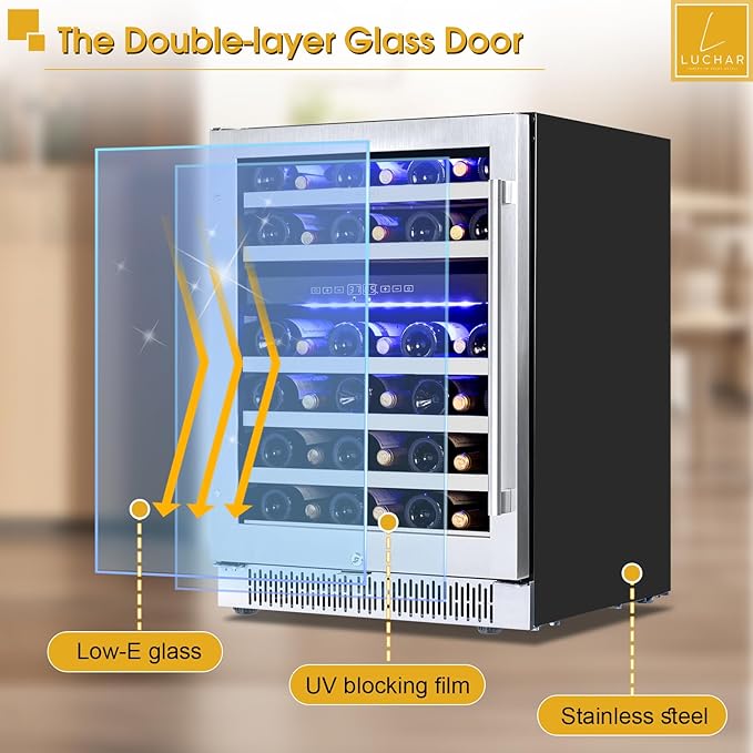 Luchar 24 Inch Wine Cooler Refrigerator, 46 Bottle Dual Zone Built-in or Freestanding Wine Fridge with Double-Layer Tempered Glass Door, Wine Refrigerator for Home, Kitchen, Bar, Office