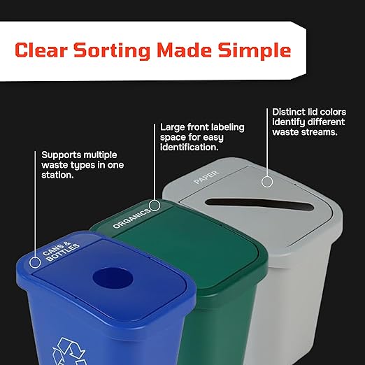 City Box 7 Gallon Four Bin Station for Trash and Recycling with Lids for Residential, Business, and Commercial Recycling - NYC Compliant (Four Bin Cans Paper Organics Waste)