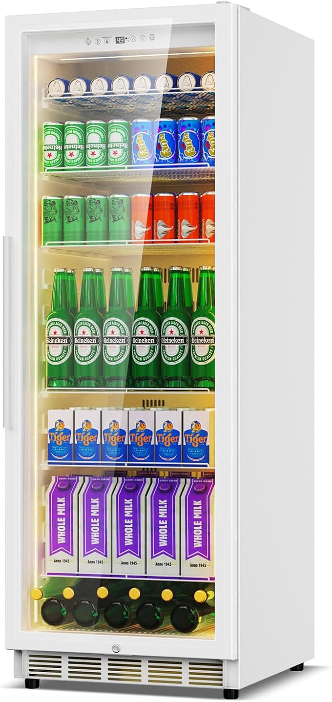 Commercial Display Beverage Fridge: 13.8 Cu Ft Upright Cooler with Glass Door, LED Lighting, Low Noise, and Rapid Cooling for Restaurants, Shops, and Offices (White)