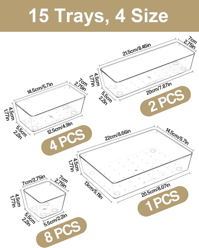 15Pcs Clear Plastic Drawer Organizers Set, 4size makeup drawer organizer trays - Image 3