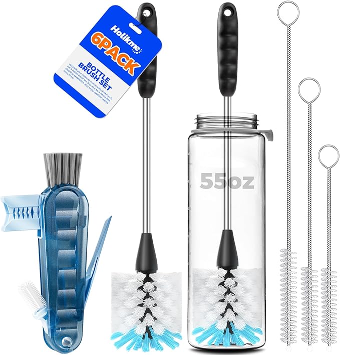 Holikme 6 Pack Bottle Brush Set, 3 Straw Brushes, 4-in-1 Bottle Cleaning Brush by Holikme