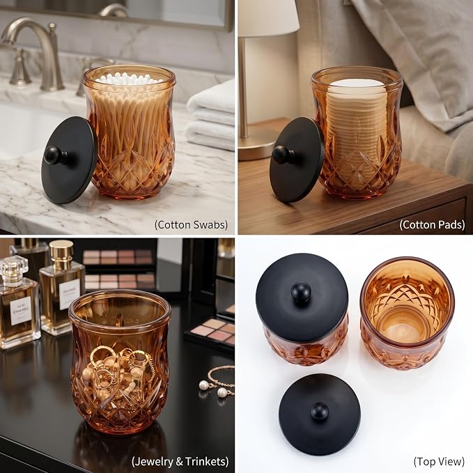 2 Pack 10Oz Amber Q-Tip Holder, Round Thick Glass - Image 7