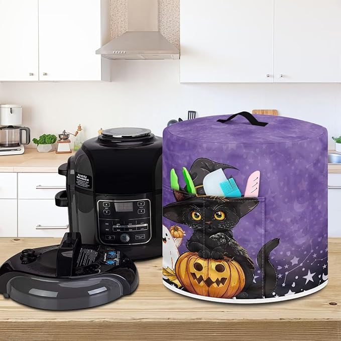 Halloween Cute Black Cat Pressure Cooker Dust Cover with Top Handle and Storage Pocket 8 Quart Air Fryer Rice Cooker Protector Covers Kitchen Appliance Decoration