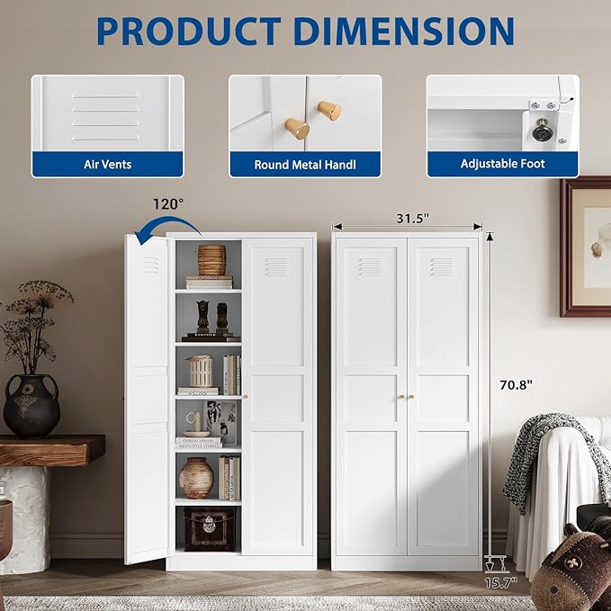 Metal Storage Cabinet-71” Tall Steel File Cabinets with Doors and 5 Adjustable Shelves-White Steel Storage Cabinet for Home,Kitchen, School, Office, Garage