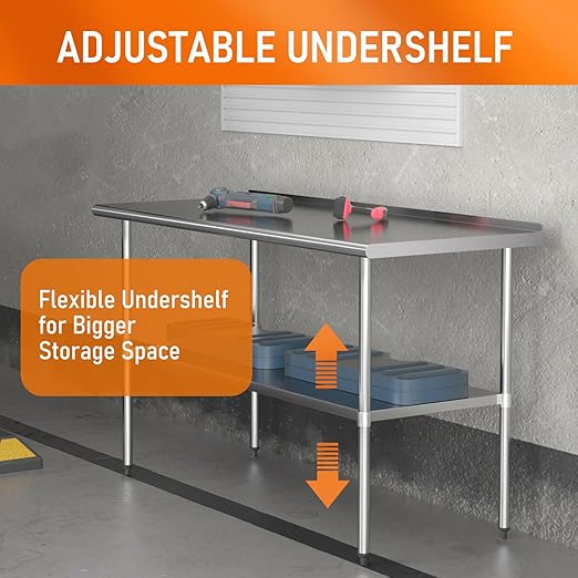HOCCOT Stainless Steel Table 30" x 60" with Adjustable Undershelf and Backsplash, Commercial Metal Workstations for Kitchen, Garage, Outdoor BBQ