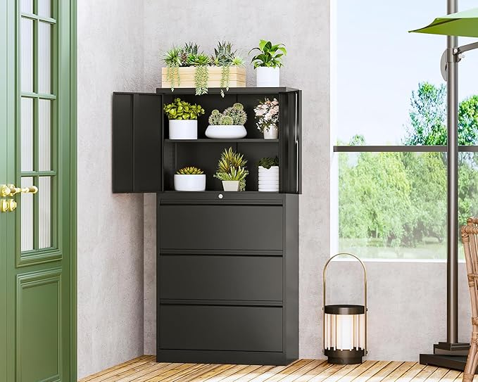 Letaya 3 Drawer Metal Storage Cabinets for Home Office,File Cabinet with Lock and 2 Adjust Shelves-Hang Filing Legal/Letter/A4/F4 Size（Black