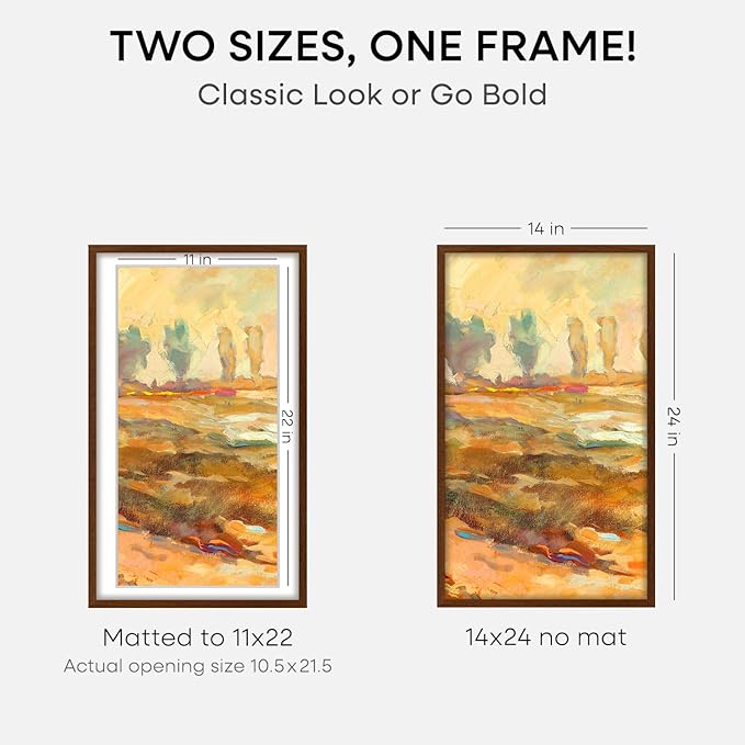 Homeforia 14x24 Picture Frame Brown, High End Dark Oak 14x24 Poster Wood Frame with Mat 11x22 for Photo, 14 x 24 Wooden Walnut Frame Matted to 11 x 22, 24x14 Frames, Tempered Glass, Wall Kit, Set of 2