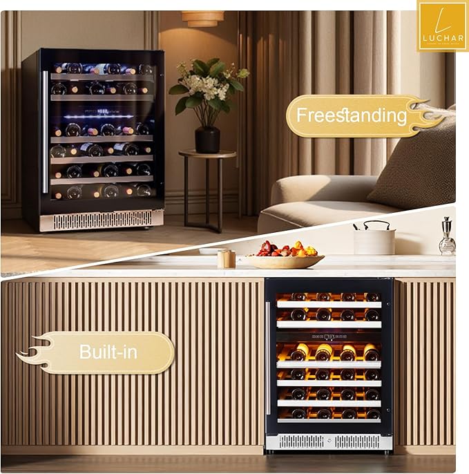 Luchar 24 Inch Wine Cooler Refrigerator, 46 Bottle Dual Zone Built-in or Freestanding Wine Fridge with Double-Layer Tempered Glass Door, Wine Refrigerator for Home, Kitchen, Bar, Office