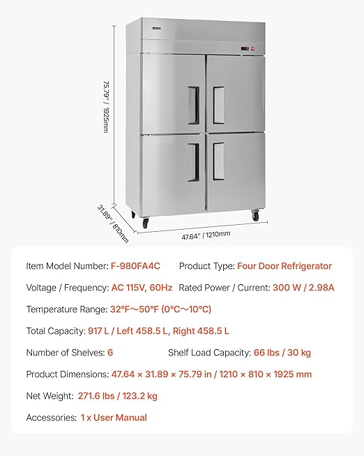 VEVOR Commercial Reach-In Refrigerator 48" W, 32 Cu.Ft Stainless Steel Upright Refrigerator with 4 Doors, Auto-Defrost, 6 Adjustable Shelves, 32 to 50℉ Temp Control, UL Certified