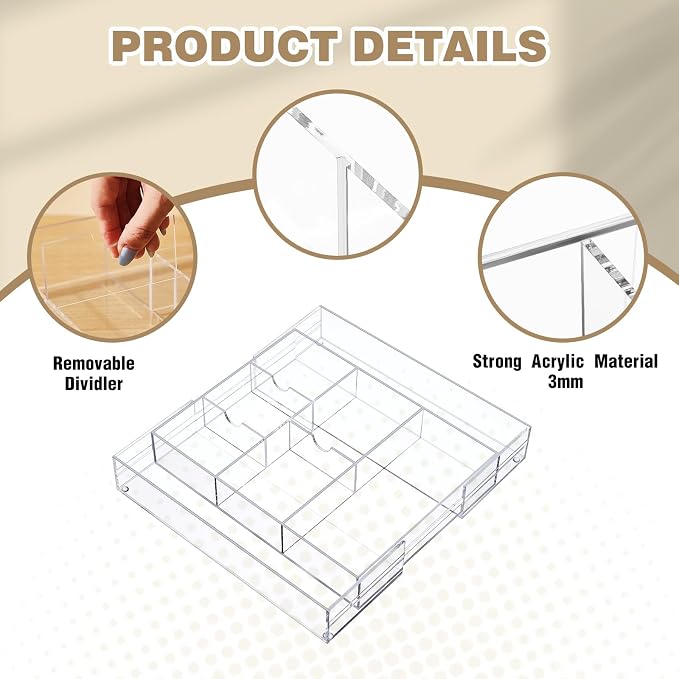 Briwooody Clear Acrylic Drawer Organizer Expandable, 8 Compartments, Large | - Image 3