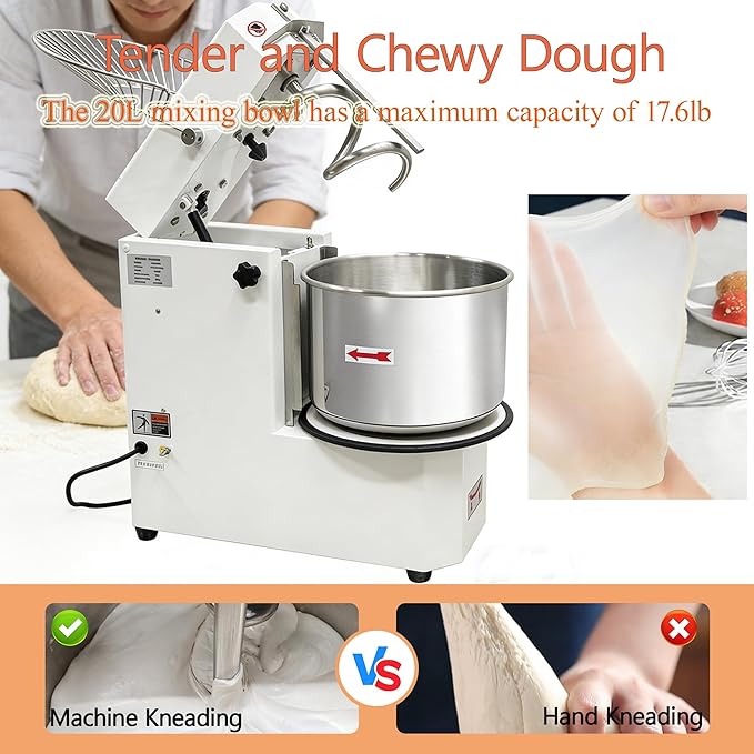 TECHTONGDA 20L Commercial Dough Mixer Machine with Removable Bowl & Timer, Double-speed Double-action Dough Kneading Machine, 110V Stainless Steel Stand Spiral Mixer for Restaurant Bakery Pizzeria ﻿