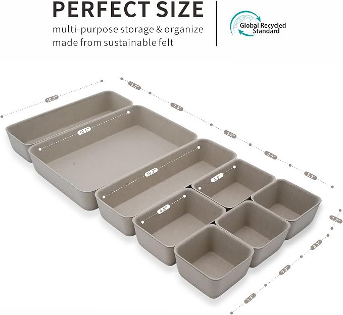 Office Felt Desk Drawer Organizer Tray 8pc Stone Natural Storage Bin | - Image 5